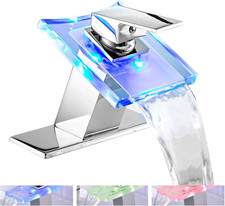 Bathroom Sink Faucet LED Light 3 Colors Changing Waterfall Glass Spout Hot Cold