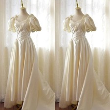 1980s Vintage Wedding Dresses Short Sleeves Elegant Lace Appliques Bridal Gowns