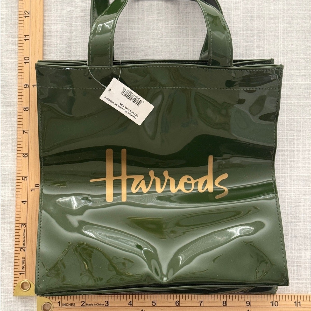 Harrods NWT | sold out small green gloss gold logo shopper tote