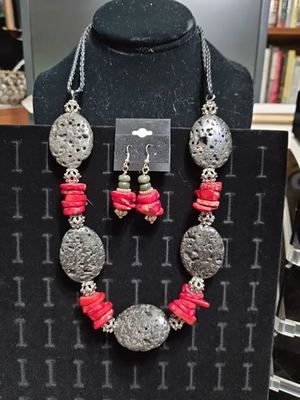 #ad #ad Handmade Necklace And Earrings Set Black Lava Stone And Red Coral 24quot; Silvertone $19.00