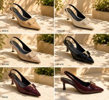 Women's Patent Leather Slingback Kitten Heels Pointed Toe Bow Pumps Shoes
