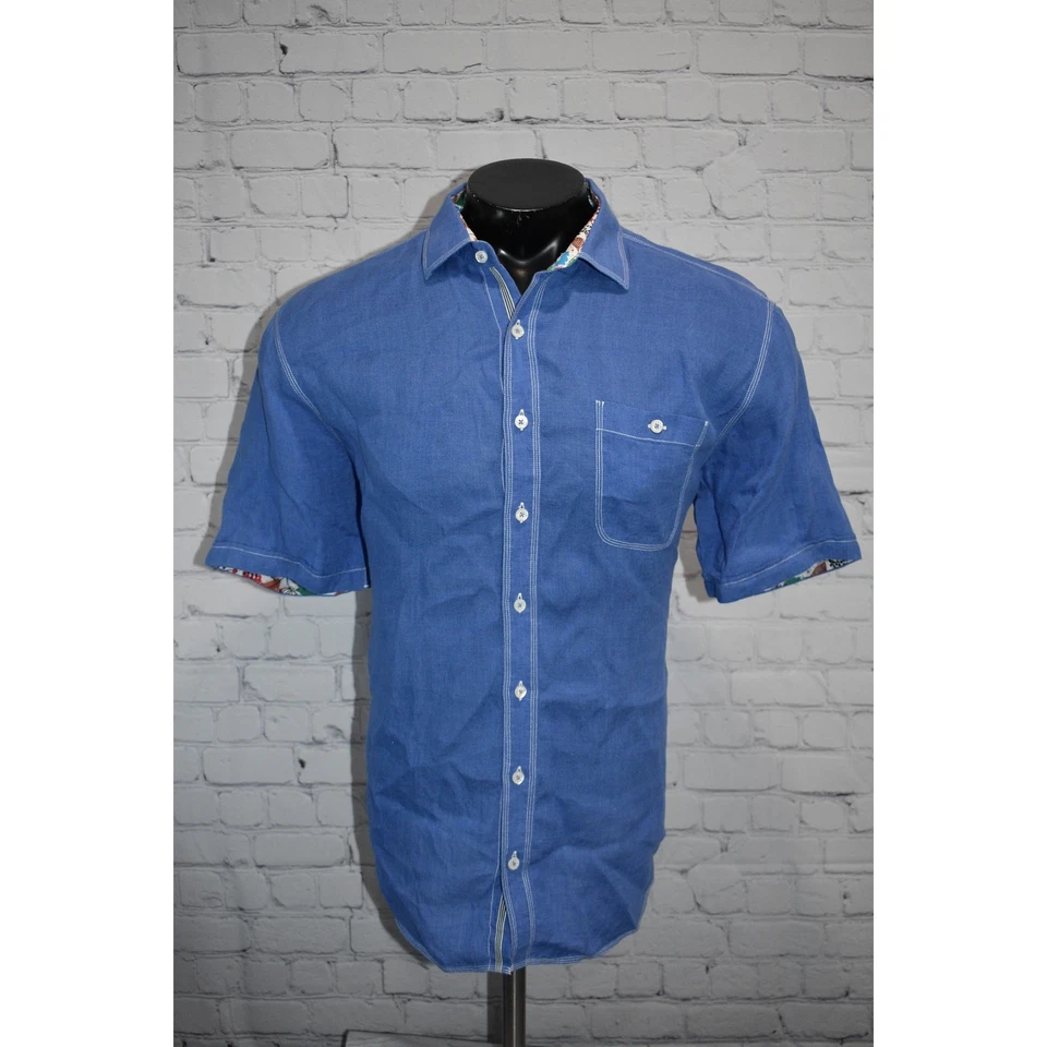 Bugatchi Uomo Linen Shirt Men Size XL Shaped Fit Blue Hawaiian Dress Button Down - Image 2 of 4