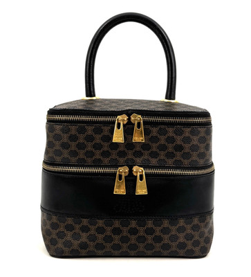 CELINE Vintage Vanity Bag Macadam Triomphe Black Leather Double Zip Authentic