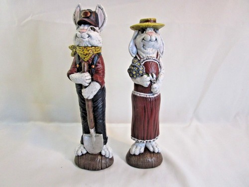 Vintage Smiling Bunny Couple Ceramic Mold Figurines Hand Painted 9.5" Tall