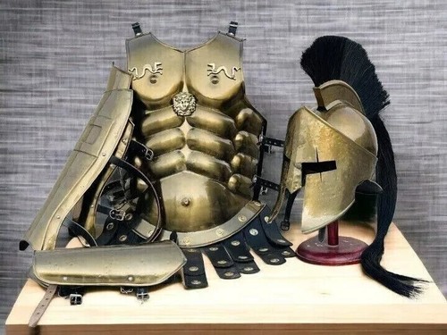 Medieval Leonidas Spartan Costume 300 Jacket Steel Armor Helmet With Leg & Arm - Picture 3 of 6