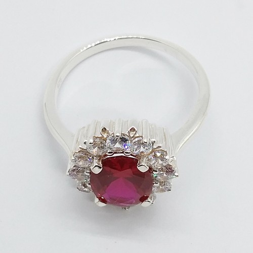 2.43 Ct Oval Cut Lab-Created Ruby Cluster Engagement Ring 925 Sterling Silver - Picture 8 of 10