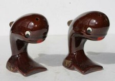 Whale Figures Pottery Salt & Pepper Redware Brown Plastic Stopper Hand Painted +