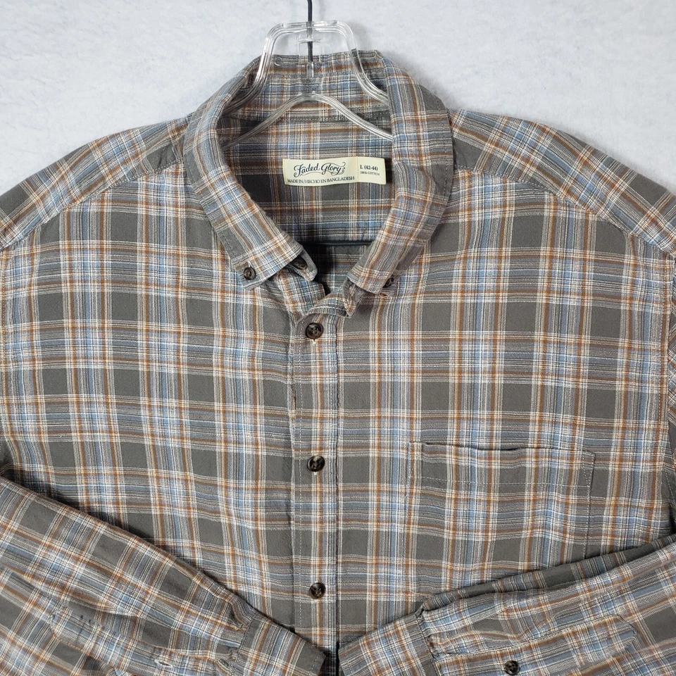 Camisa de vestir vintage descolorida Glory para hombre L grande gris a cuadros manga larga algodón Foto 3 de 4