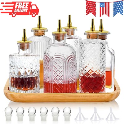 Bitters Bottle Set of 6 - Glass Vintage Bottles with Tray Decorative