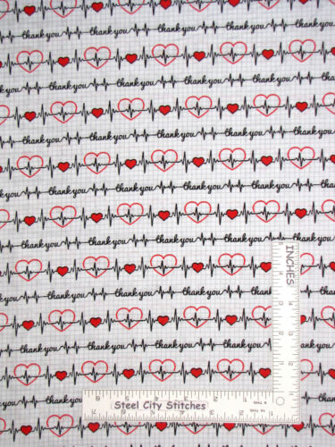 Medical Nurse Heartbeat EKG Dr RN Thank You Cotton Fabric Traditions 18" Length - Afbeelding 1 van 1