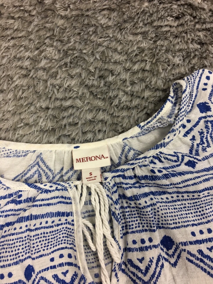 Top Merona manga 3/4 para mujer talla pequeña blanco azul ligero Foto 4 de 4