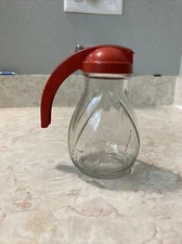  Vintage Red Plastic Top Clear Glass Syrup Honey Pitcher 