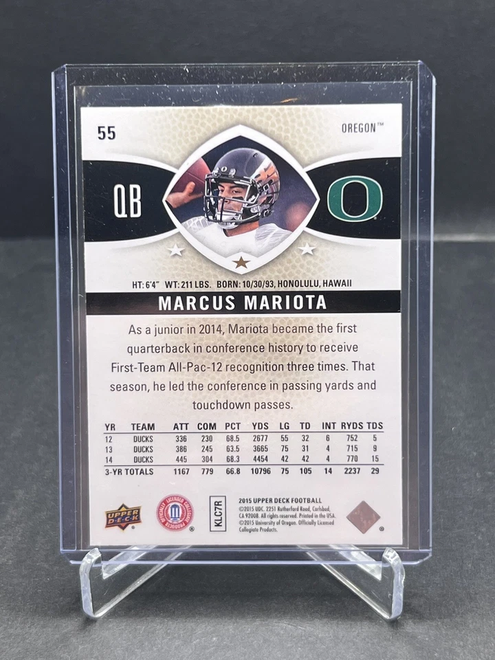 Marcus Mariota RC 2015 Upper Deck #55 Oregon Ducks - Image 2 of 2