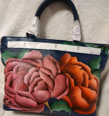 ANUSCHKA MOONLIT PEONIES HAND PAINTED LEATHER MULTI COMPARTMENT TOTE PURSE - NWT