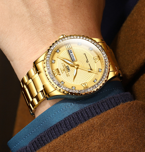 Reloj dorado clásico para hombre, resistente al agua, acero inoxidable, cuarzo, analógico, regalo de negocios 5