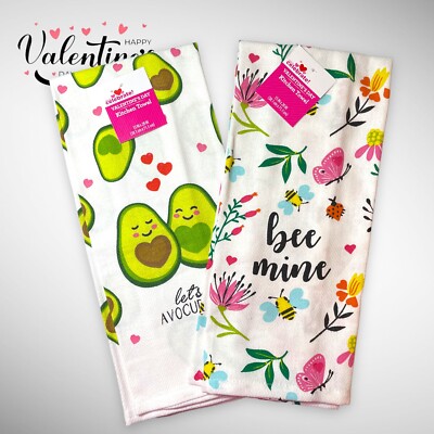 2-pk Valentine's Day Flower Heart Love Bee Mine Kitchen Dish Tea Towels