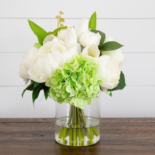 12" Artificial Peony Hydrangea and Tulip Arrangement in Glass Vase. Retail $94 - Picture 2 of 6