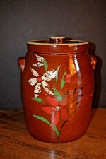 Antique Stoneware Cookie Jar  Hand Painted  USA  Toll Painting  Brown Glaze