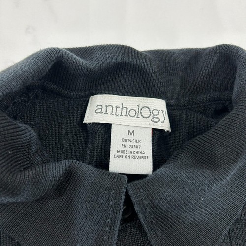 Polo Anthology 100 % seda tejido rejilla cuello para hombre M negro manga corta camisa A231 - Imagen 3 de 4