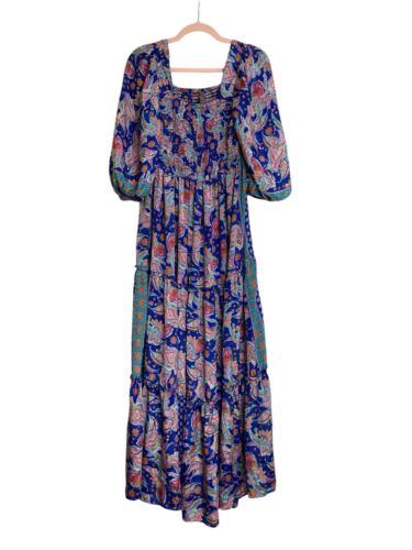 ME 2 MAGIC Anthropologie abito bohemien smocked maxi a strati manica a palloncino grande - Foto 4 di 11