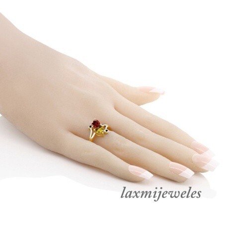 Real 2CT Heart Shape Red Ruby & Citrine 2-Stone Bypass Ring 14K Yellow Gold Over - Picture 5 of 7