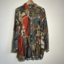 John Mark Size L Art To Wear Multicolor Abstract Button Down Tunic Blouse Pocket