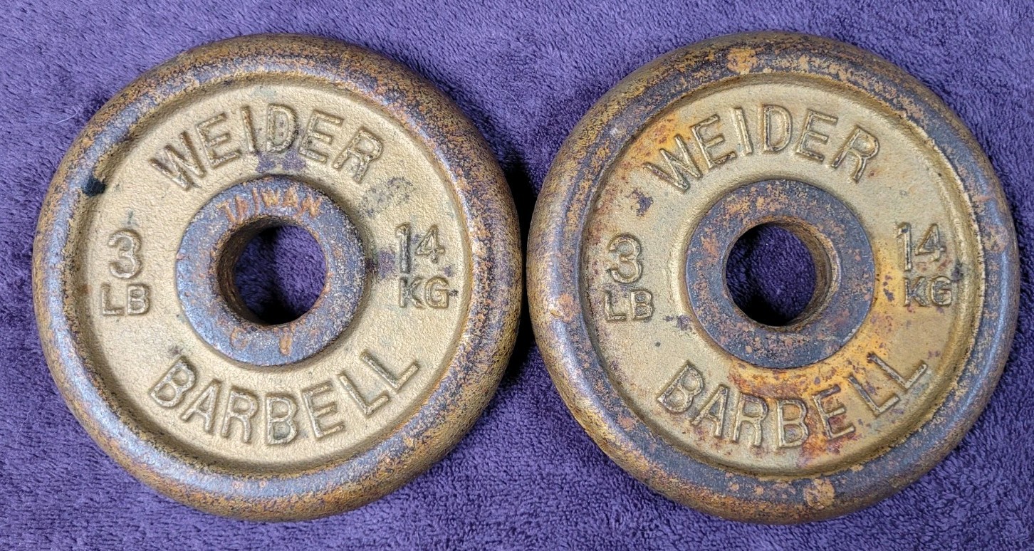 Set Of 2 3lb 14kg Vintage Weider Barbell Iron Weight Plates 1"