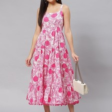White Pink Floral Shoulder Strap Long Dress Plus Size Regular Flowy Maxi