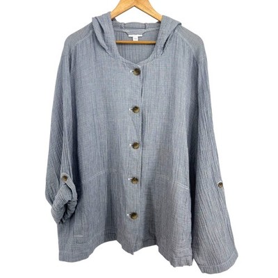 J. Jill Plus Size 4X Cotton Gauze Hooded Shirt Jacket Roll Tab Blue White Stripe