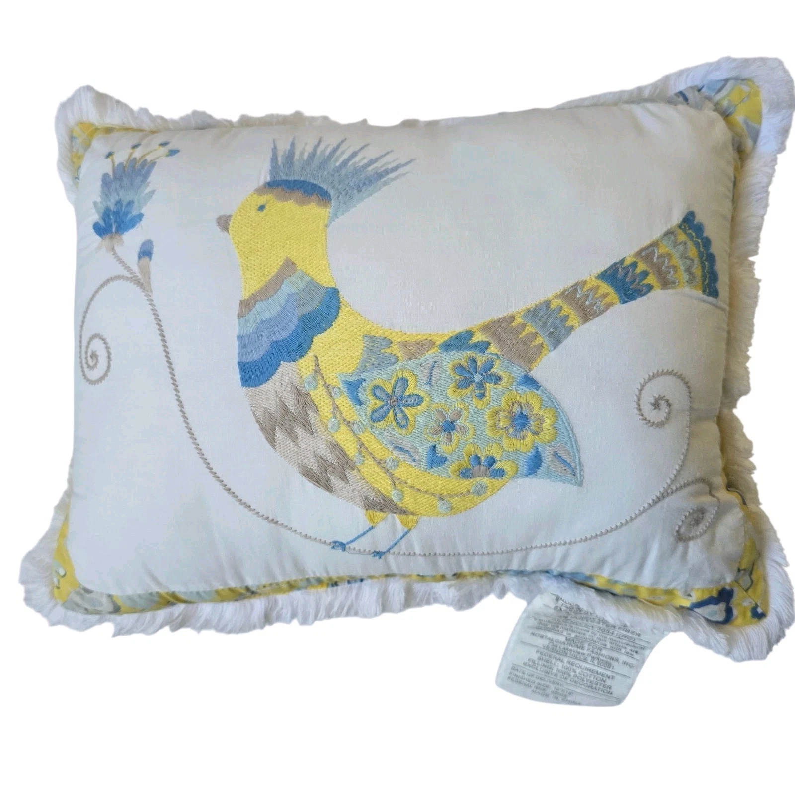 Dena Home Pavillion Yellow Blue Embroidered Bird Accent Throw Pillow