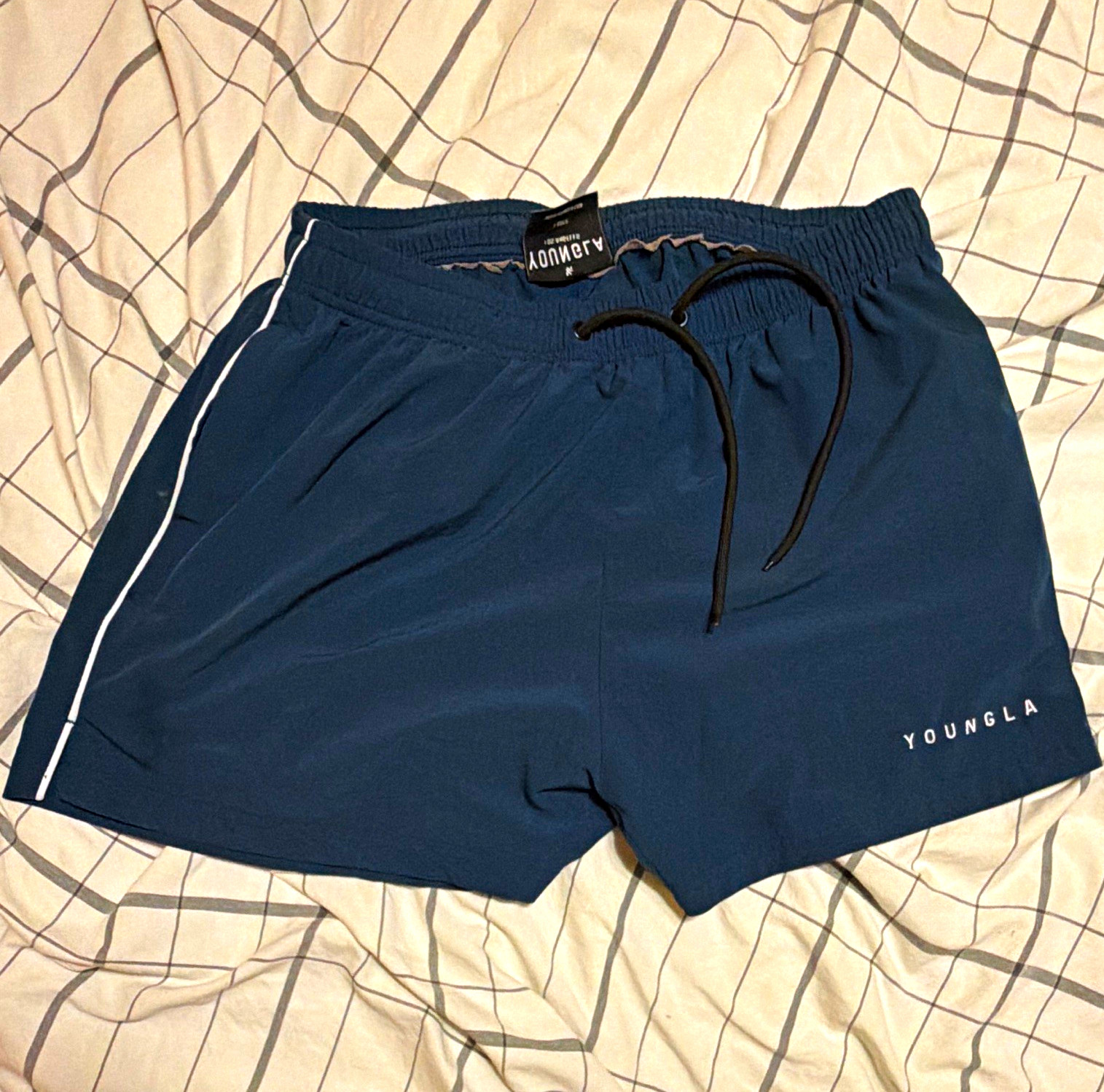 YoungLA Men's Blue Athletic Mesh Polyester Shorts L Drawstring Pockets Gym