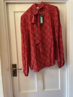 New Rixo London Moss Red & White 100% Silk Long Sleeve Blouse Top,Med/UK 12