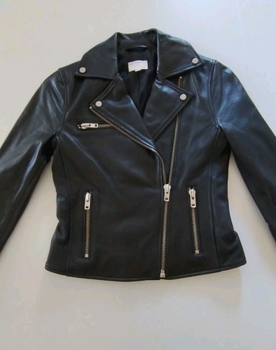 WITCHERY 100% Leather Black Soft Leather Biker Jacket Zip Exc Con Sz 4 - Picture 1 of 10