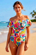 NEW Trina Turk 1 Piece Swimsuit 10 Off Shoulder Ruffle Fontaine 188 NWOT