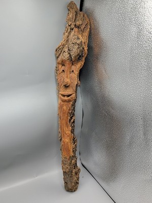 Hand Carved Wood Spirit Old Man Face Tree Bark Log Folk Art Sculpture Wall TG
