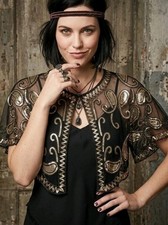 retro Gold Sequin Embroidered Sheer Lace Bolero Shrug Formal Black Mesh Soutache