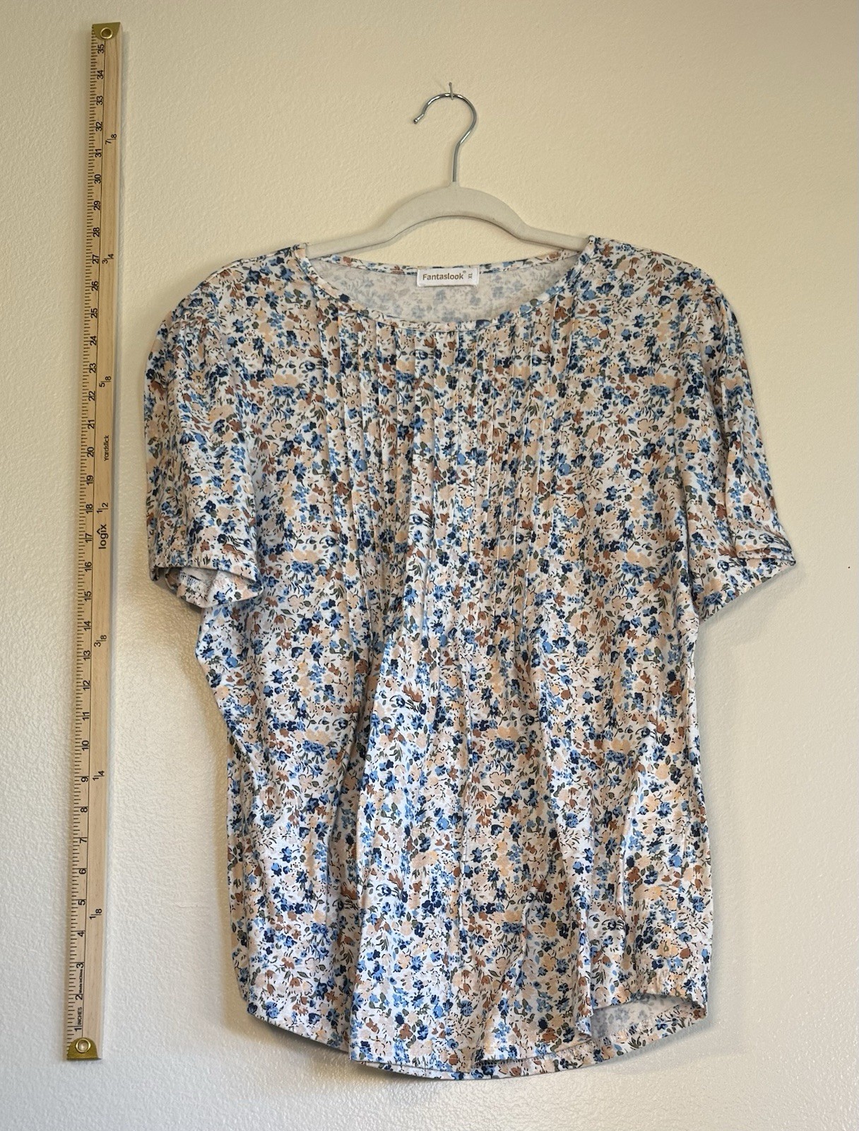 Fantaslook Floral Pleated Short Sleeve Pullover Knit Blouse Beige Blue Brown XL