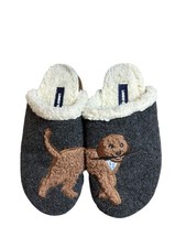 Lands End Felt Scuff Slippers Fetching Dog Sz 7B Faux Fur Rubber Sole Holidays