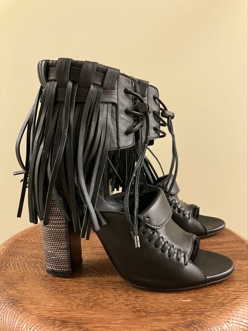 DIESEL BLACK GOLD Black Leather Fringe Chunky Heel Boots Sandals Size 37 Japan thumbnail 3