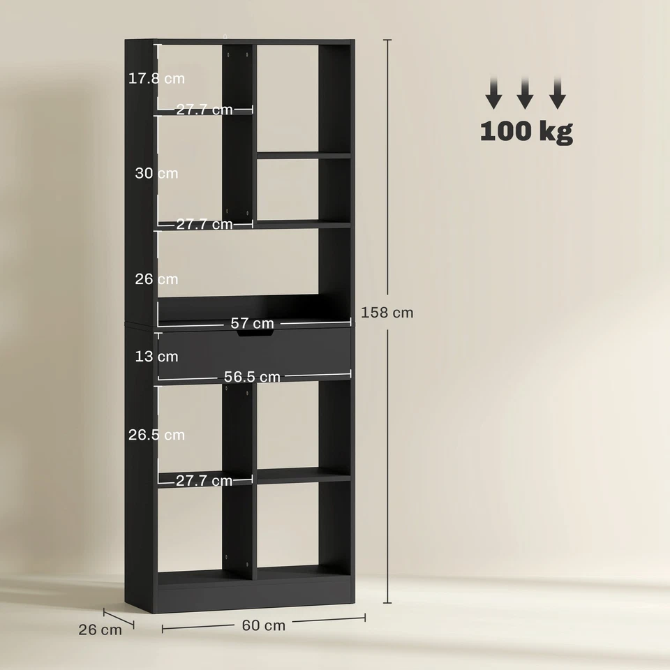 HOMCOM Libreria Moderna in Legno con Cassetto Centrale 60x26x158 cm Nero - Immagine 4 di 4