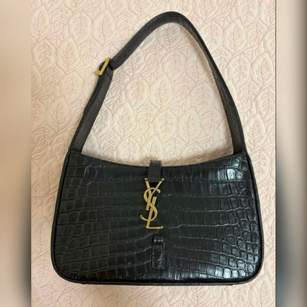Saint Laurent Le 5 A 7 Hobo Bag Black Croc Embossed Leather YSL Handbag Shoulder