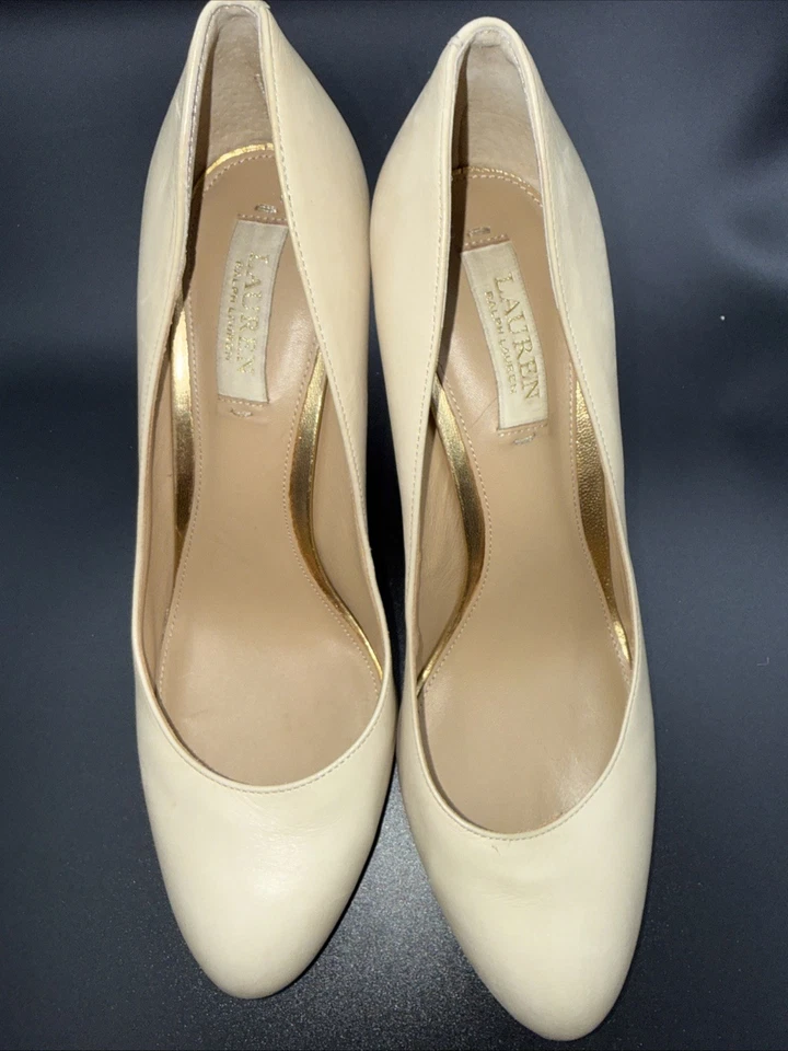 Zapatos de mujer LAUREN RALPH LAUREN Viona beige cuero bloque dorado tejido 9B Foto 2 de 4