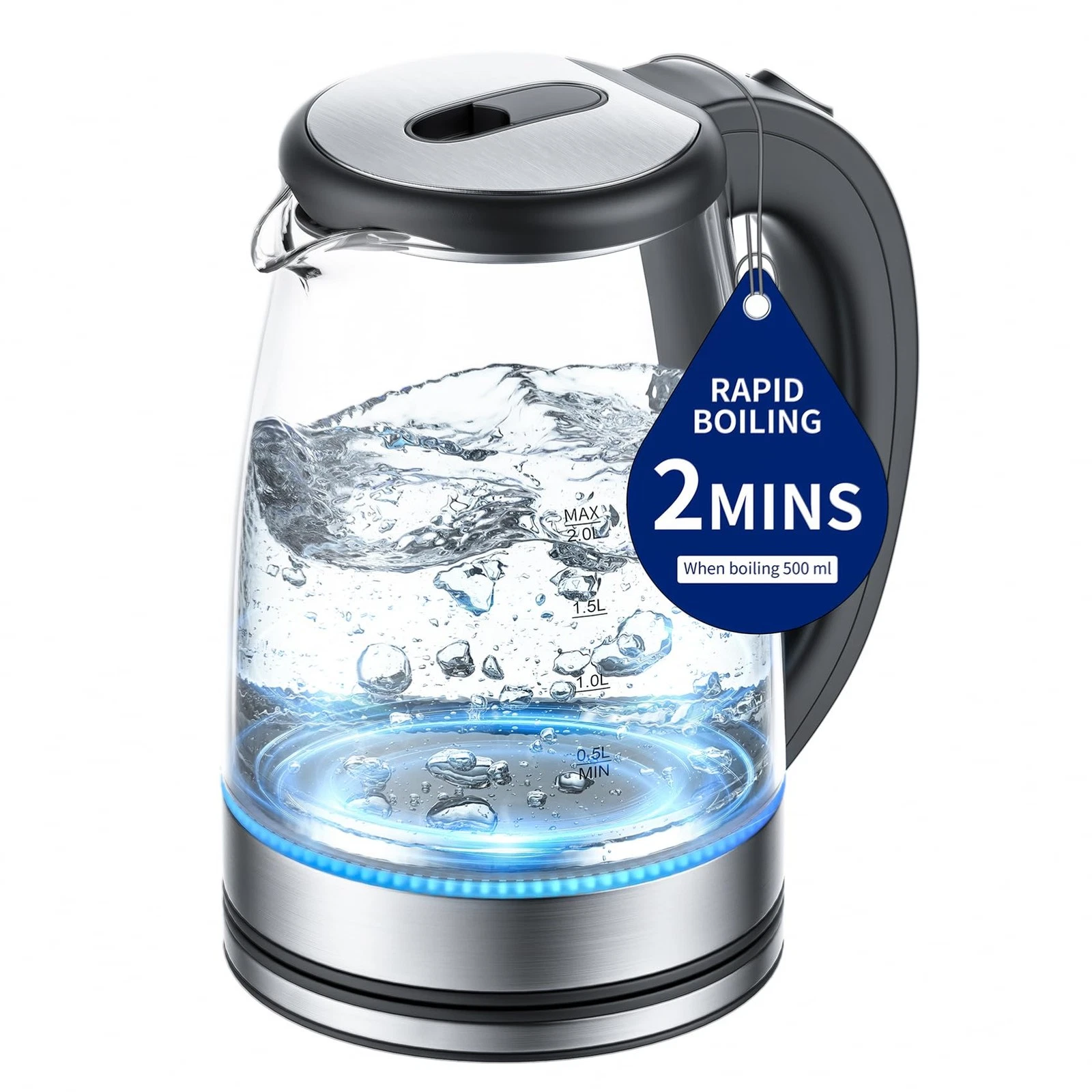 Electric Kettle Glass 2L, 1500W Fast Boiling Hot Water Boiler with Auto Shut-...