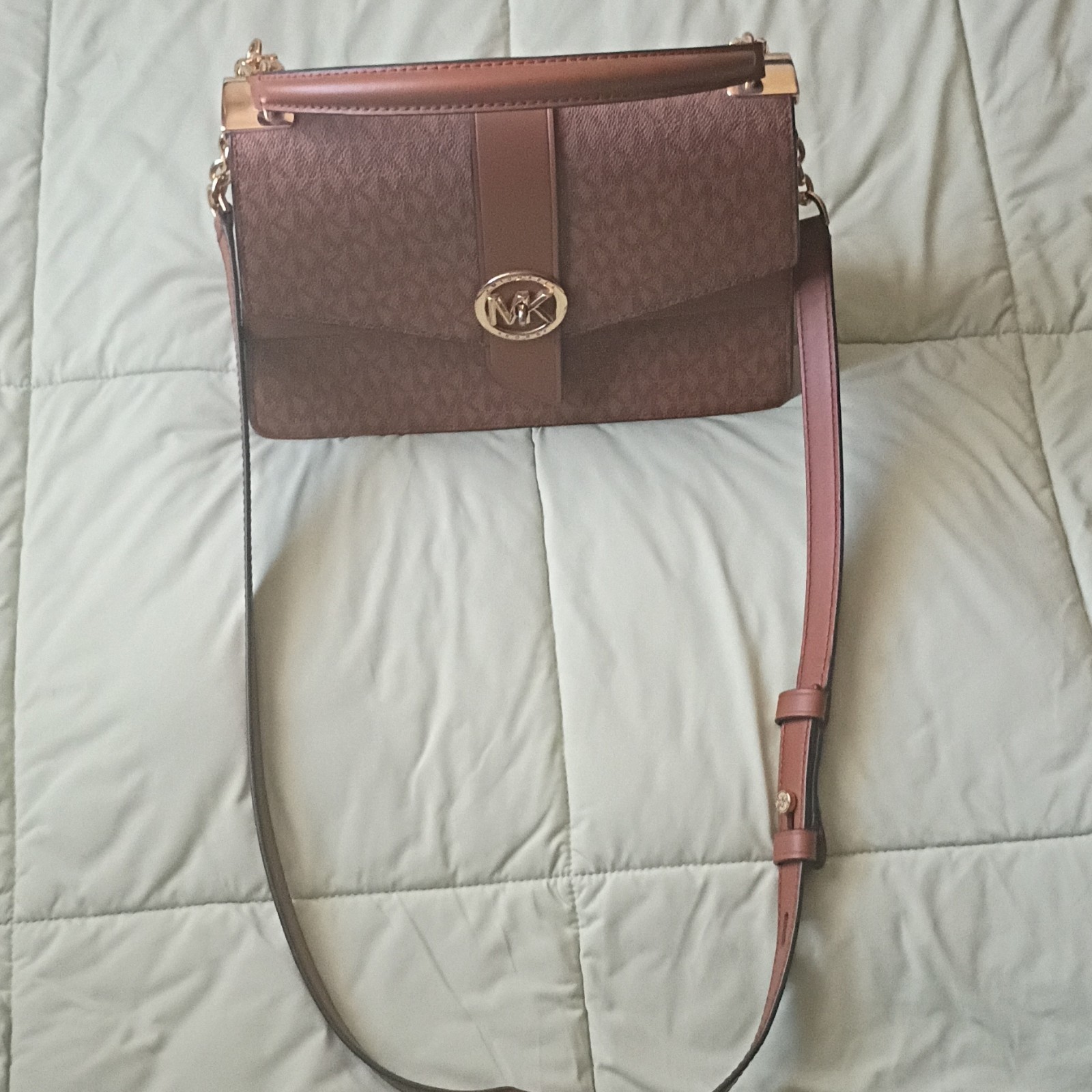 Michael Kors Brown Logo Shoulder Bag Top Handle Detachable Strap Gold Hardware