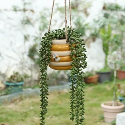 Hanging Ceramic Planter 5 Inch Cute Bee Plant Pots Indoor 5 inches, Yellow 