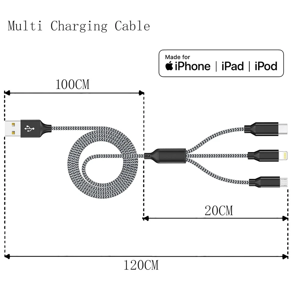 Multi Charging Cable 4Ft 3Pack 3 in 1 Charger Cord, Multiple Rapid Nylon Braided - Image 2 of 4