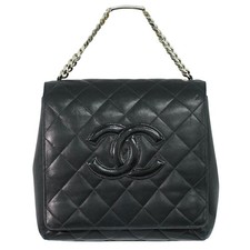 CHANEL CC Matelasse Leather Chain Handbag Black Silver