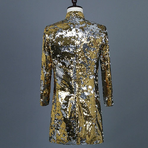 Men Reversible Two Tone Sequin Longline Jacket Suit Blazer Cabaret Carnival Tops - Picture 11 of 21
