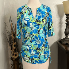 Lands' End Short Sleeve Side Gather Blue Floral Rash Guard Swim Shirt Size Small