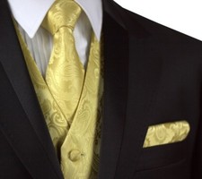 MEN'S GOLD PAISLEY FORMAL TUXEDO VEST, TIE  HANKIE SET. WEDDING PROM HOMECOMING